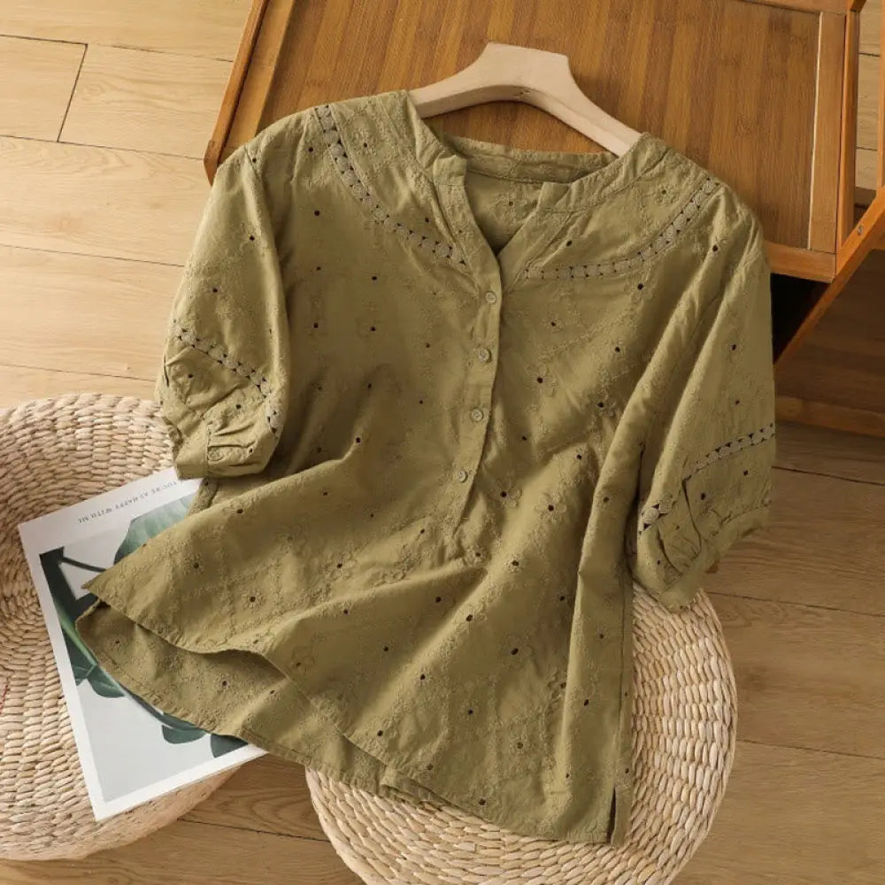 Buddha Stones Casual Plain Hollow Notched Women’s Cotton Linen Half Sleeve Shirt - DarkKhaki / US4，UK/AU8，EU36 (L)