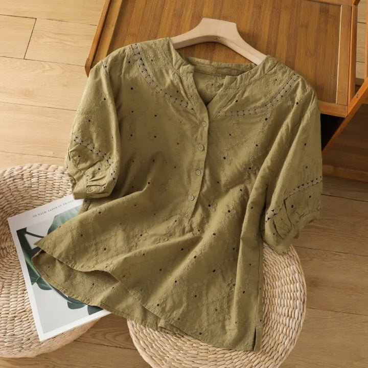 Buddha Stones Casual Plain Hollow Notched Women’s Cotton Linen Half Sleeve Shirt - DarkKhaki / US4，UK/AU8，EU36 (L)