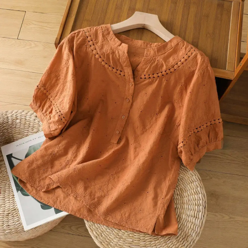 BWOOOH Casual Plain Hollow Notched Women&