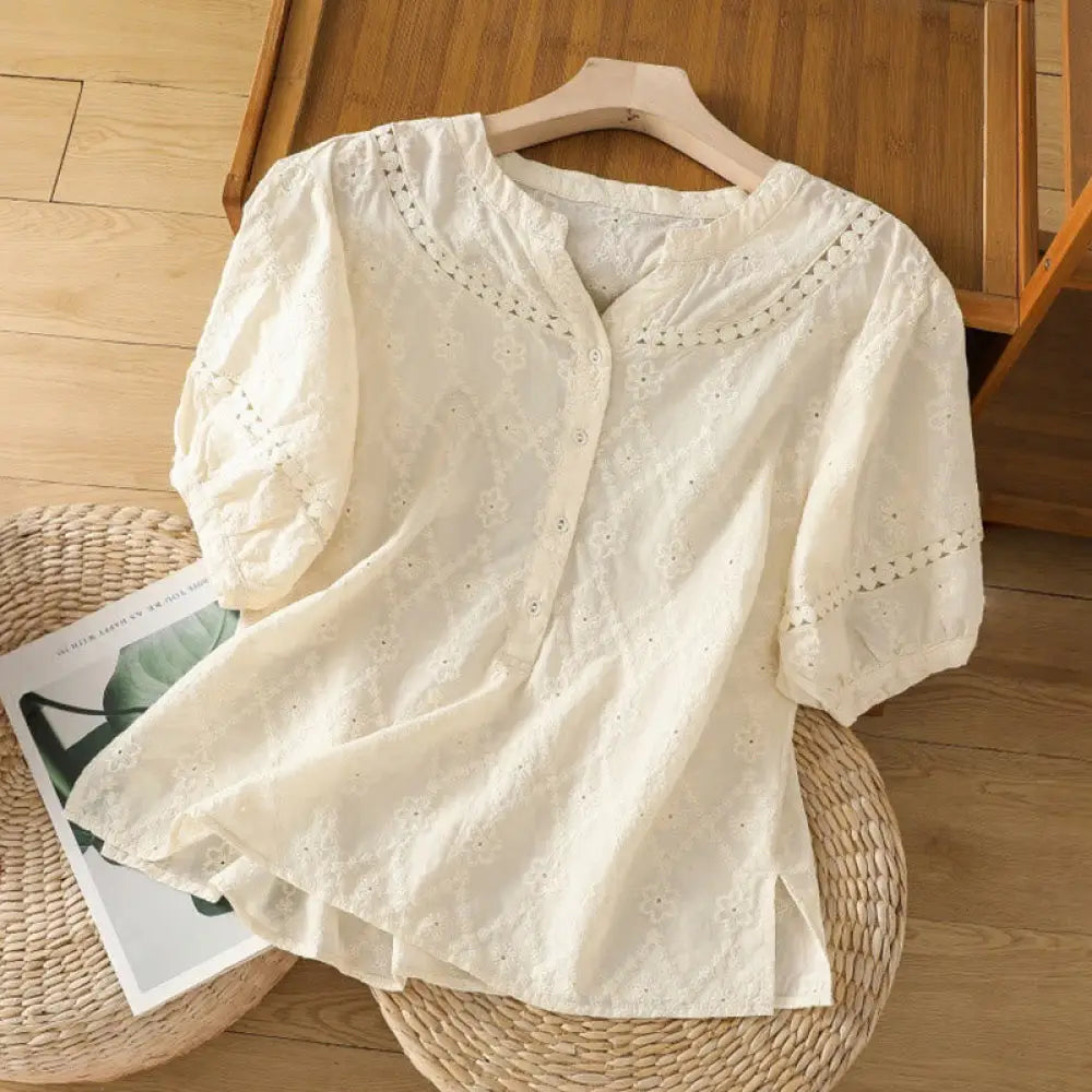 Buddha Stones Casual Plain Hollow Notched Women’s Cotton Linen Half Sleeve Shirt - LightYellow / US4，UK/AU8，EU36 (L)