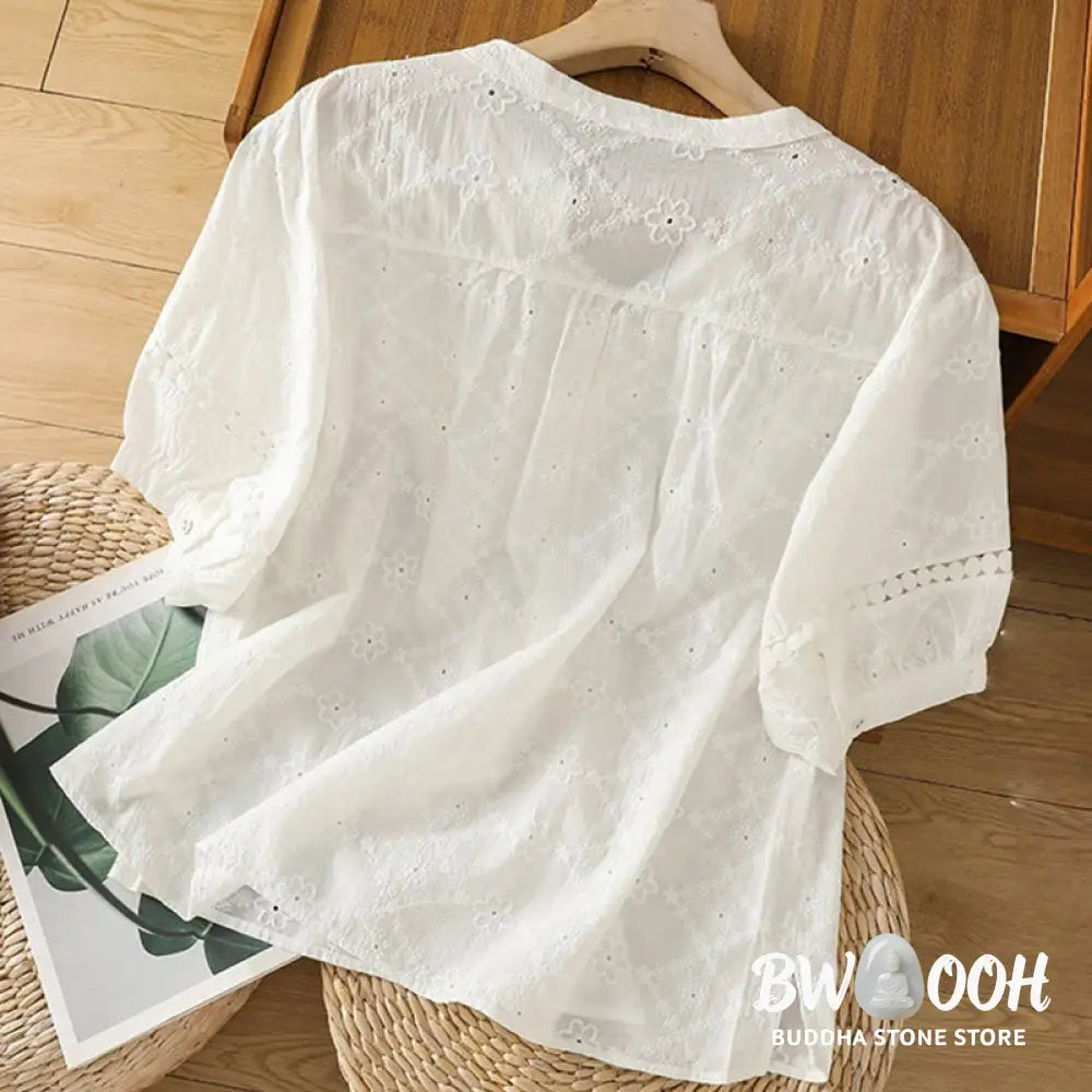Buddha Stones Casual Plain Hollow Notched Women’s Cotton Linen Half Sleeve Shirt - Women’s Shirts