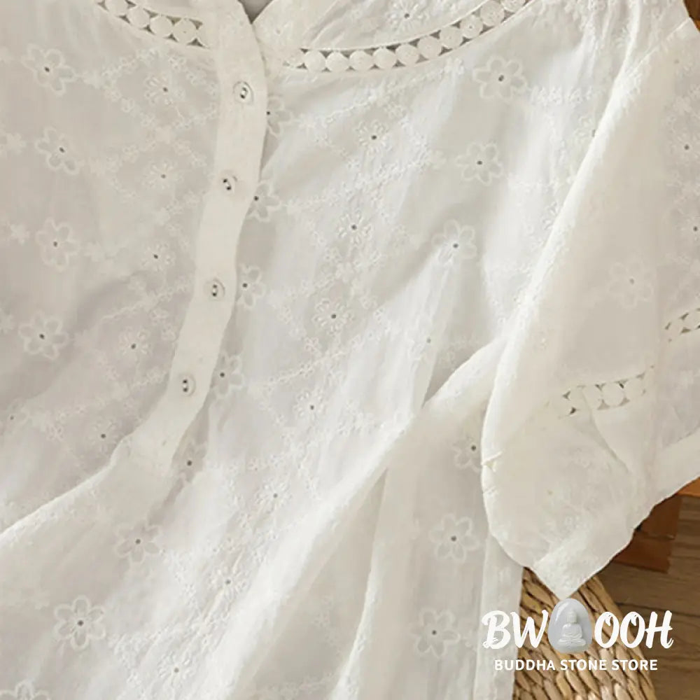 Buddha Stones Casual Plain Hollow Notched Women’s Cotton Linen Half Sleeve Shirt - Women’s Shirts