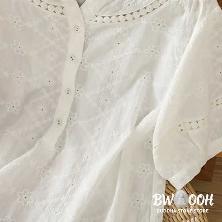 Buddha Stones Casual Plain Hollow Notched Women’s Cotton Linen Half Sleeve Shirt - Women’s Shirts