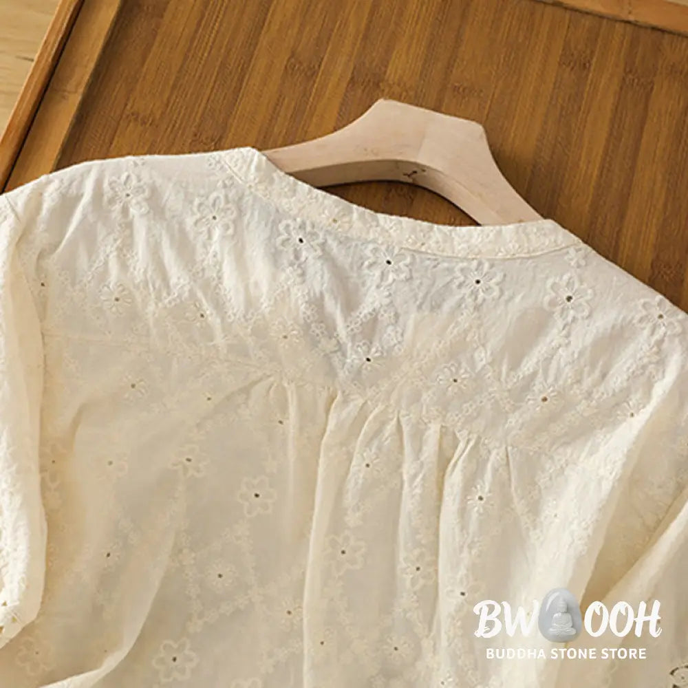 Buddha Stones Casual Plain Hollow Notched Women’s Cotton Linen Half Sleeve Shirt - Women’s Shirts