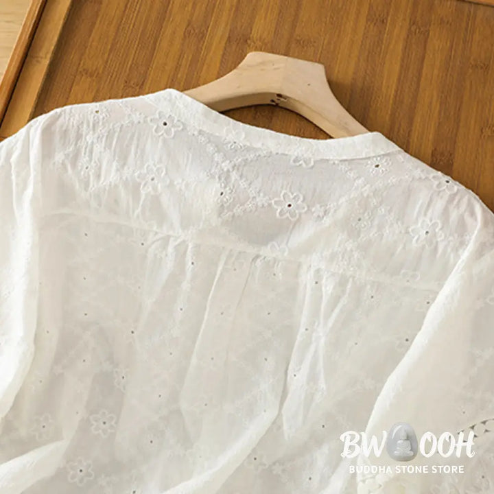 Buddha Stones Casual Plain Hollow Notched Women’s Cotton Linen Half Sleeve Shirt - Women’s Shirts