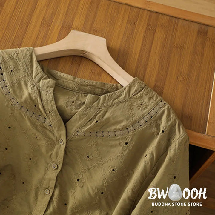 Buddha Stones Casual Plain Hollow Notched Women’s Cotton Linen Half Sleeve Shirt - Women’s Shirts