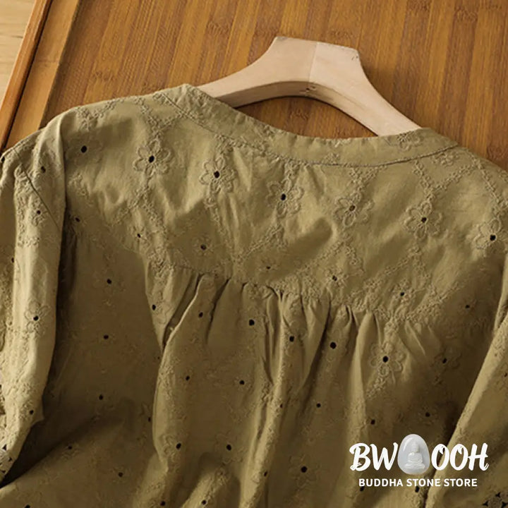 Buddha Stones Casual Plain Hollow Notched Women’s Cotton Linen Half Sleeve Shirt - Women’s Shirts