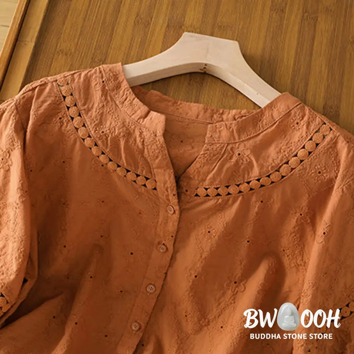 Buddha Stones Casual Plain Hollow Notched Women’s Cotton Linen Half Sleeve Shirt - Women’s Shirts