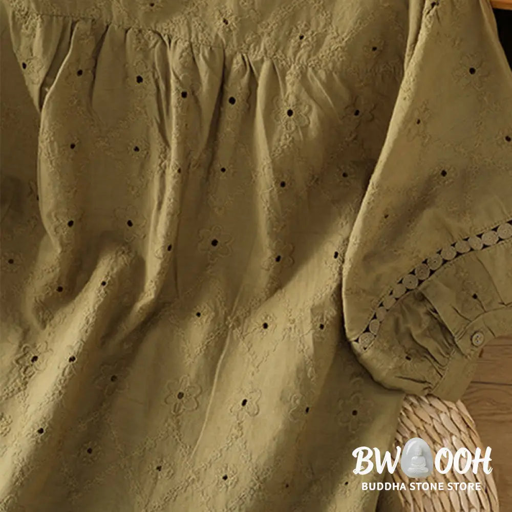 Buddha Stones Casual Plain Hollow Notched Women’s Cotton Linen Half Sleeve Shirt - Women’s Shirts