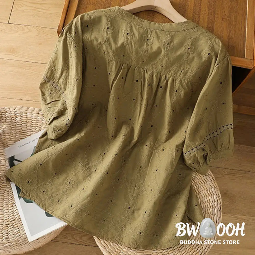Buddha Stones Casual Plain Hollow Notched Women’s Cotton Linen Half Sleeve Shirt - Women’s Shirts
