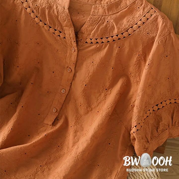 Buddha Stones Casual Plain Hollow Notched Women’s Cotton Linen Half Sleeve Shirt - Women’s Shirts