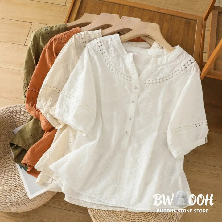 Buddha Stones Casual Plain Hollow Notched Women’s Cotton Linen Half Sleeve Shirt - Women’s Shirts