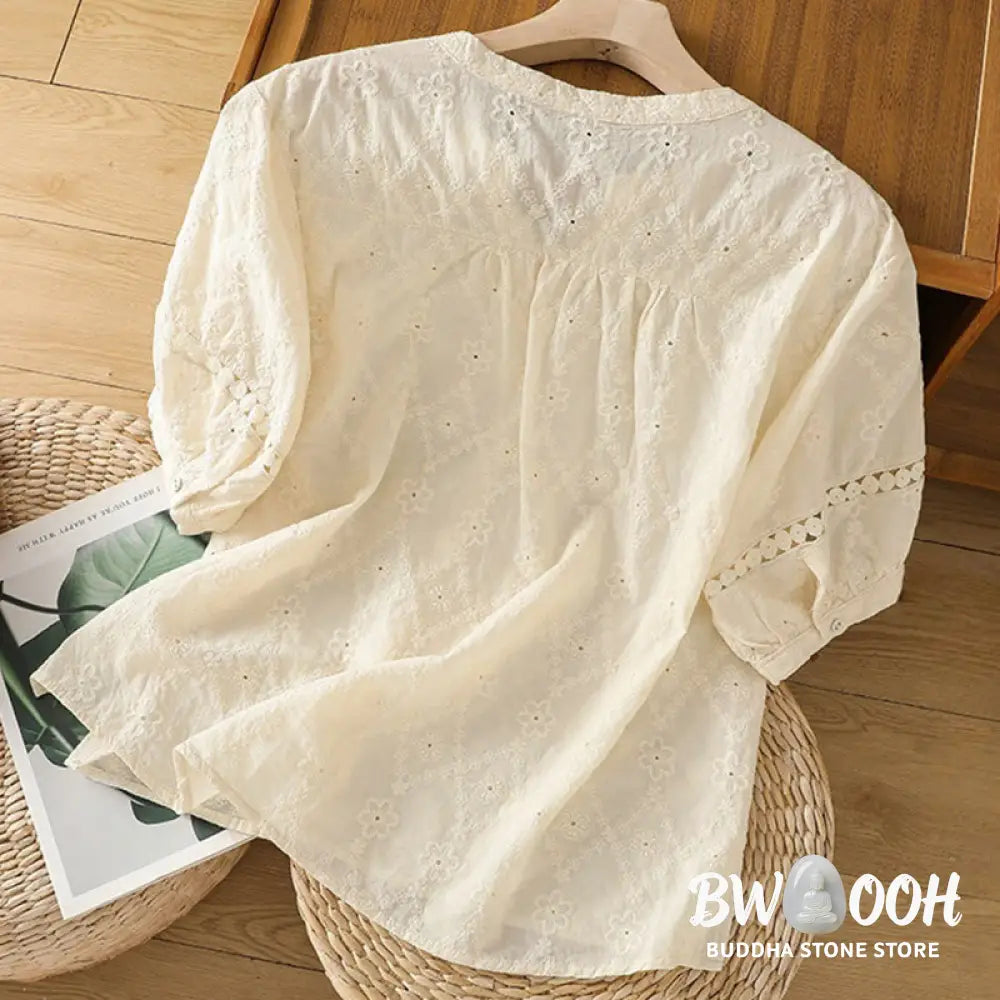 Buddha Stones Casual Plain Hollow Notched Women’s Cotton Linen Half Sleeve Shirt - Women’s Shirts