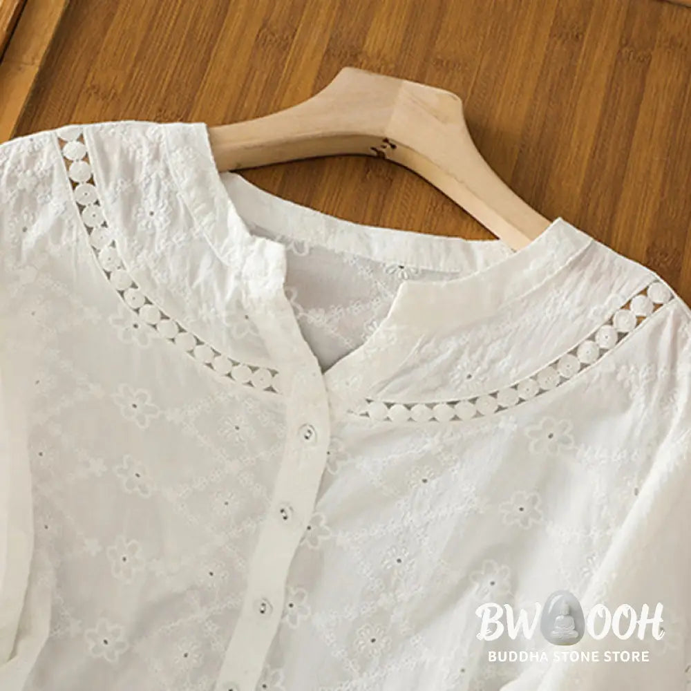 Buddha Stones Casual Plain Hollow Notched Women’s Cotton Linen Half Sleeve Shirt - Women’s Shirts