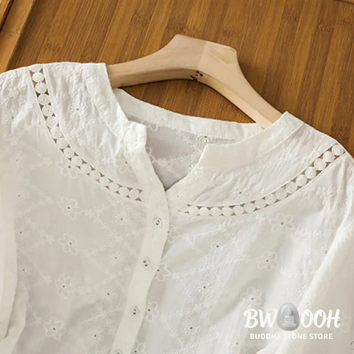 Buddha Stones Casual Plain Hollow Notched Women’s Cotton Linen Half Sleeve Shirt - Women’s Shirts