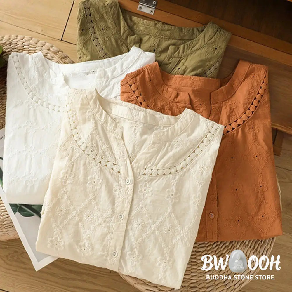 Buddha Stones Casual Plain Hollow Notched Women’s Cotton Linen Half Sleeve Shirt - Women’s Shirts