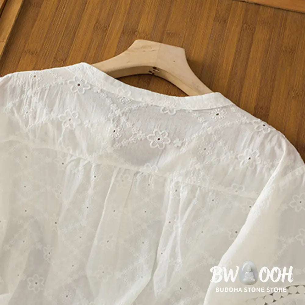 Buddha Stones Casual Plain Hollow Notched Women’s Cotton Linen Half Sleeve Shirt - Women’s Shirts