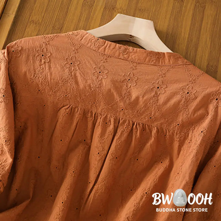 Buddha Stones Casual Plain Hollow Notched Women’s Cotton Linen Half Sleeve Shirt - Women’s Shirts