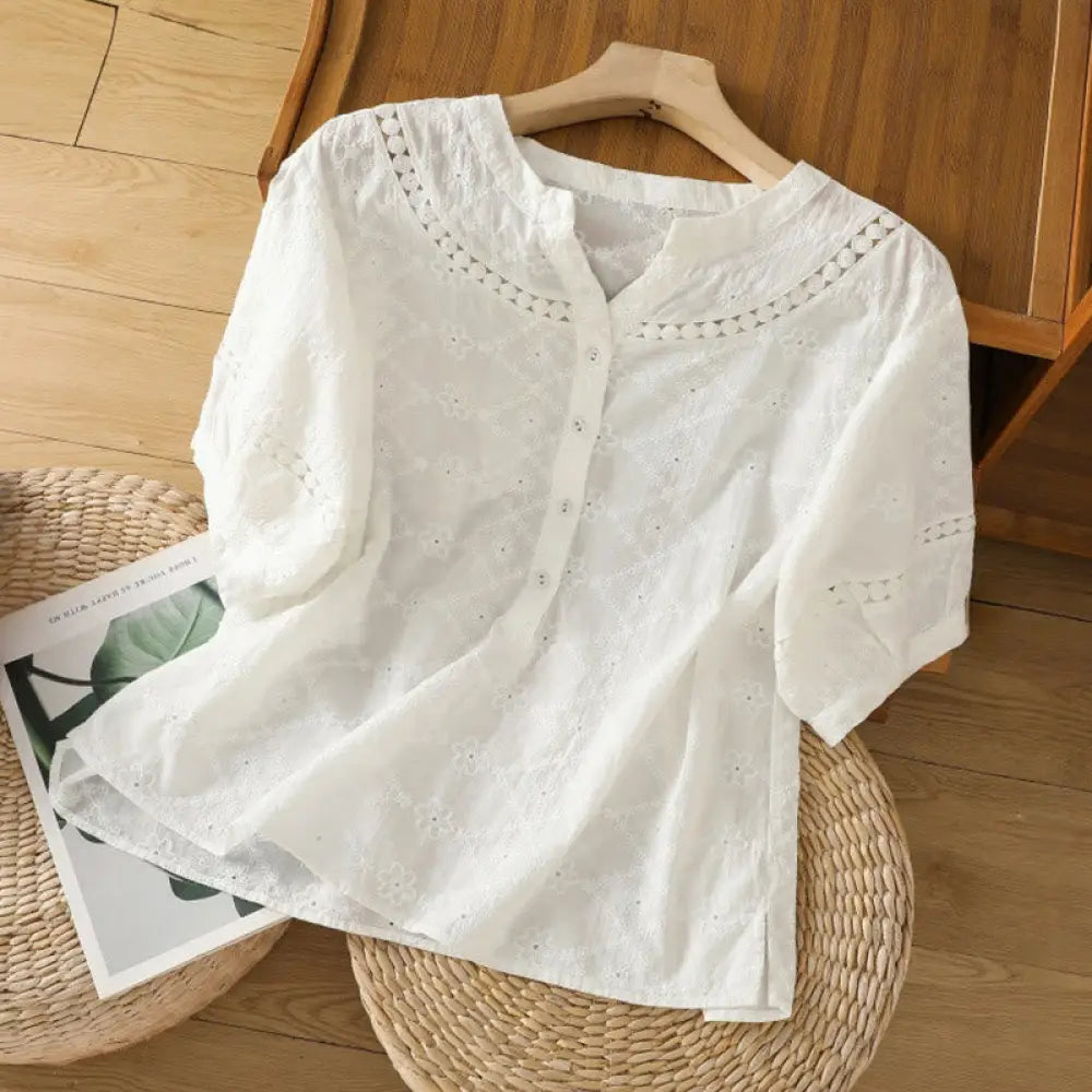 Buddha Stones Casual Plain Hollow Notched Women’s Cotton Linen Half Sleeve Shirt - White / US4，UK/AU8，EU36 (L)