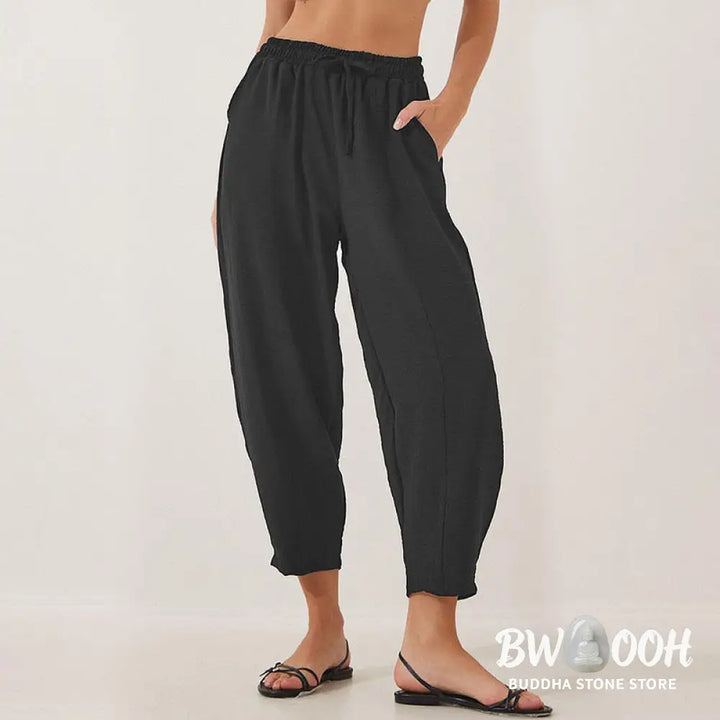 Buddha Stones Casual Plain Loose Drawstring Women’s Polyester 7/8 Length Pants With Pockets - Women’s Pants