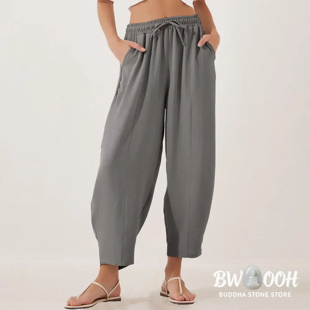 Buddha Stones Casual Plain Loose Drawstring Women’s Polyester 7/8 Length Pants With Pockets - Women’s Pants