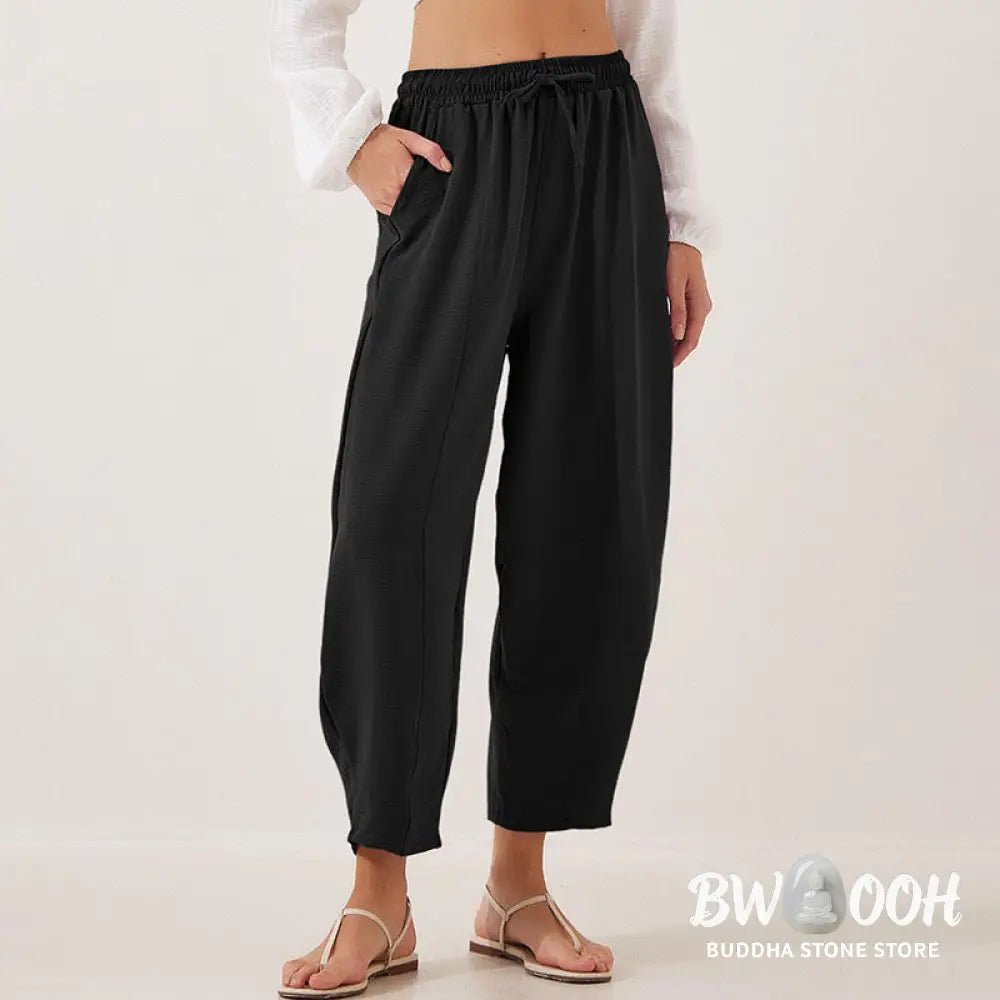 Buddha Stones Casual Plain Loose Drawstring Women’s Polyester 7/8 Length Pants With Pockets - Women’s Pants