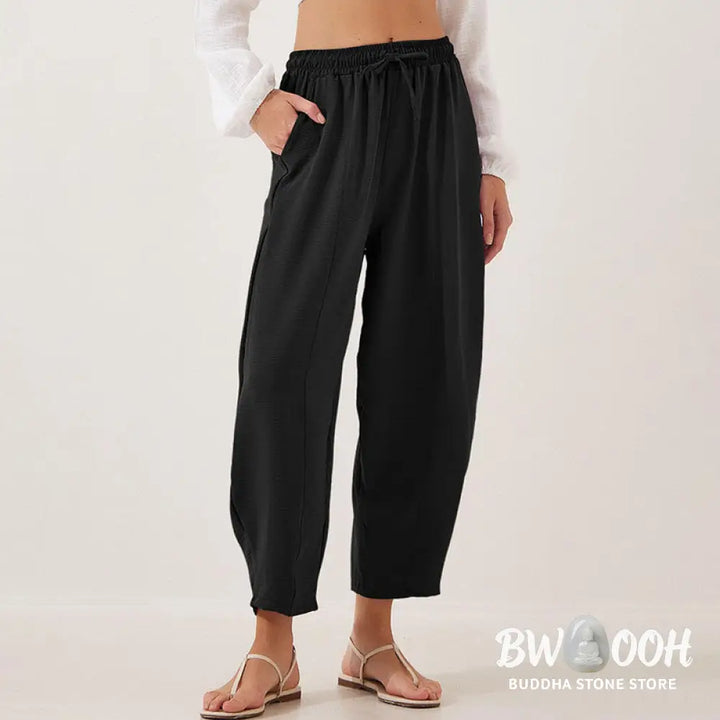 Buddha Stones Casual Plain Loose Drawstring Women’s Polyester 7/8 Length Pants With Pockets - Women’s Pants