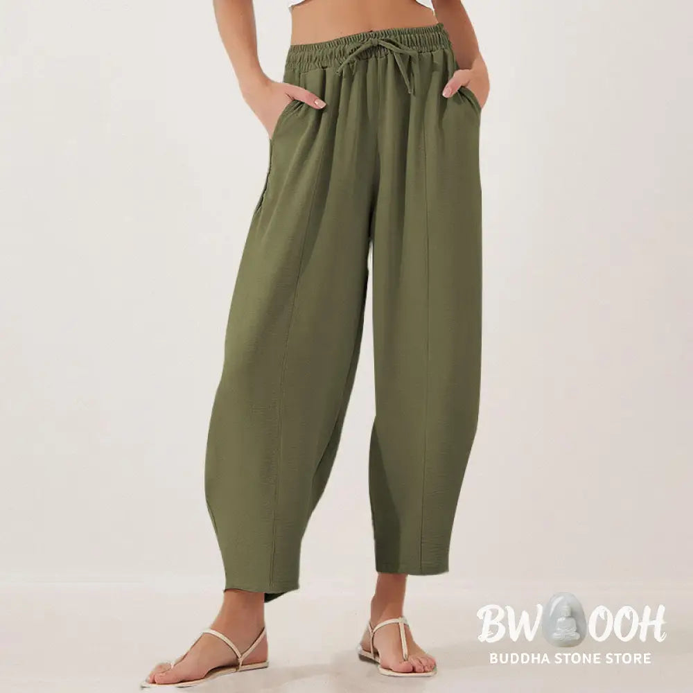 Buddha Stones Casual Plain Loose Drawstring Women’s Polyester 7/8 Length Pants With Pockets - Women’s Pants