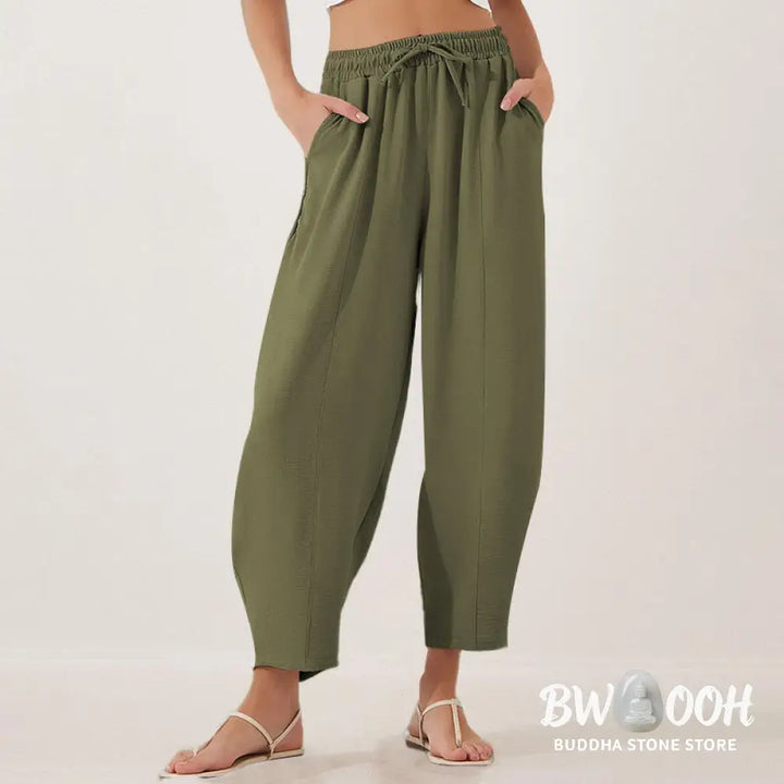 Buddha Stones Casual Plain Loose Drawstring Women’s Polyester 7/8 Length Pants With Pockets - Women’s Pants