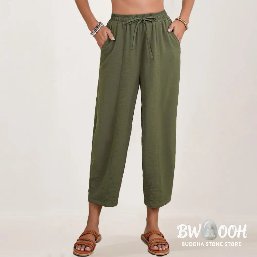 Buddha Stones Casual Plain Loose Drawstring Women’s Polyester 7/8 Length Pants With Pockets - Women’s Pants