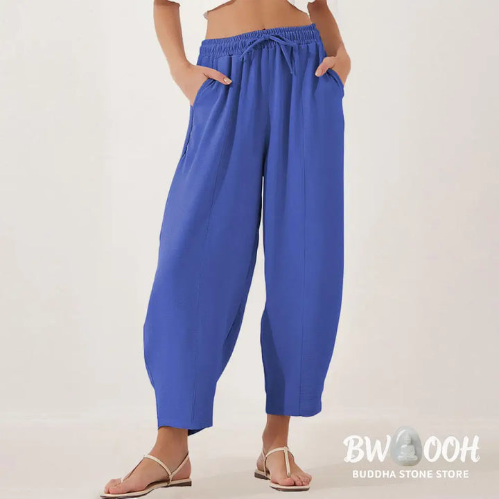 Buddha Stones Casual Plain Loose Drawstring Women’s Polyester 7/8 Length Pants With Pockets - Women’s Pants