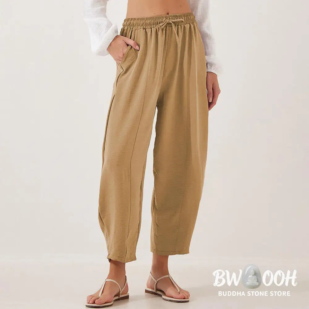 Buddha Stones Casual Plain Loose Drawstring Women’s Polyester 7/8 Length Pants With Pockets - Women’s Pants