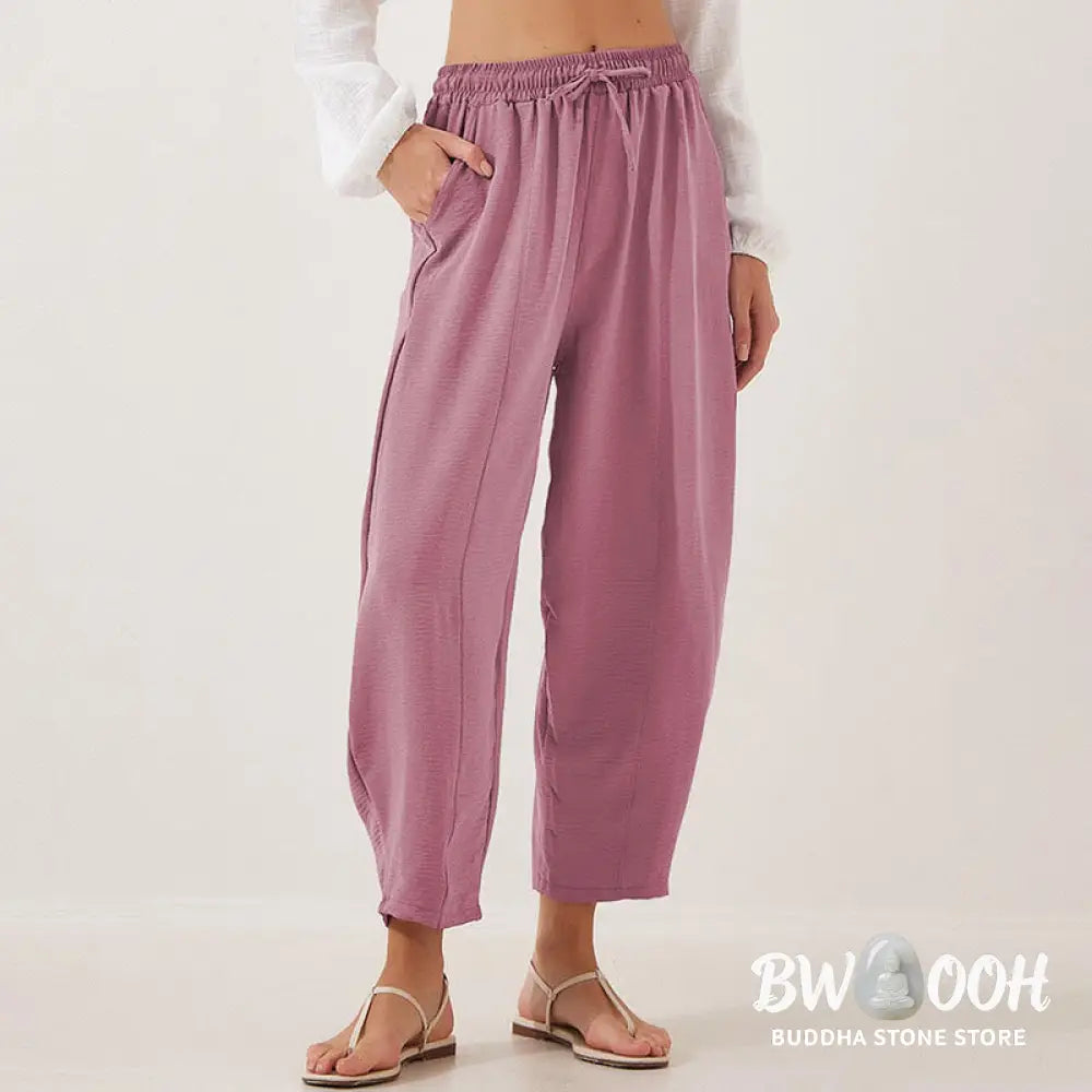 Buddha Stones Casual Plain Loose Drawstring Women’s Polyester 7/8 Length Pants With Pockets - Women’s Pants