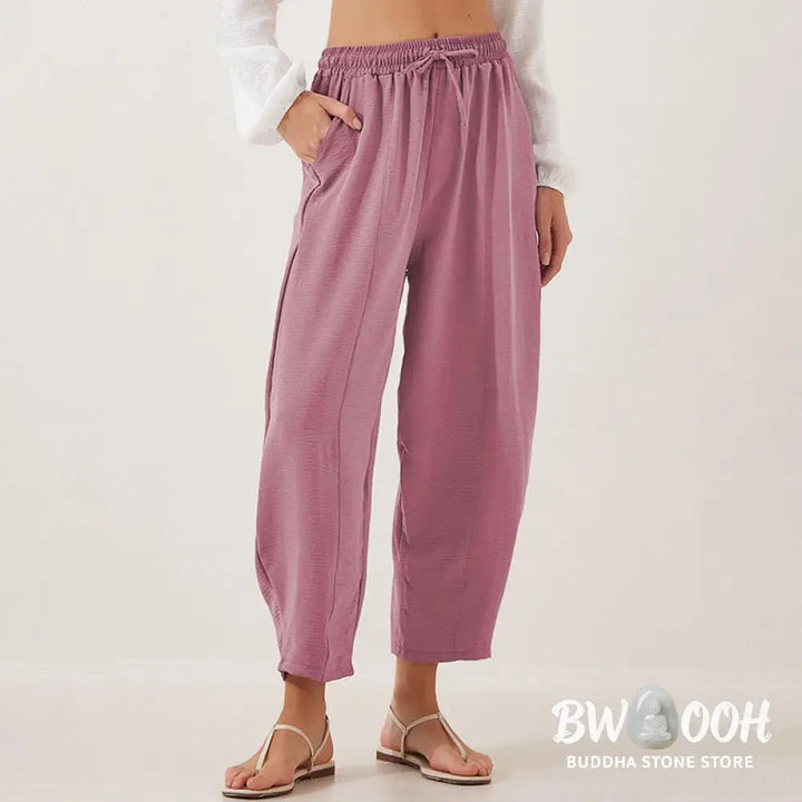 Buddha Stones Casual Plain Loose Drawstring Women’s Polyester 7/8 Length Pants With Pockets - Women’s Pants