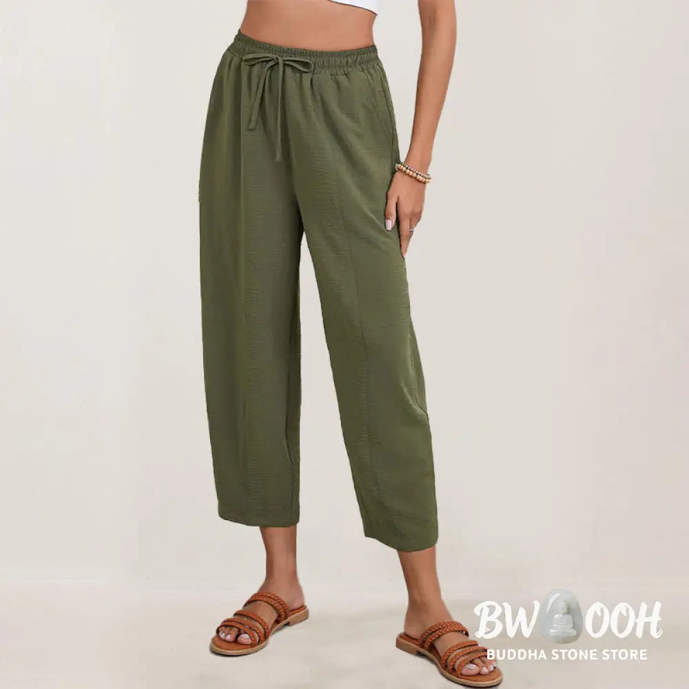 Buddha Stones Casual Plain Loose Drawstring Women’s Polyester 7/8 Length Pants With Pockets - Women’s Pants