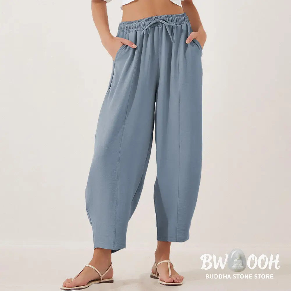 Buddha Stones Casual Plain Loose Drawstring Women’s Polyester 7/8 Length Pants With Pockets - Women’s Pants