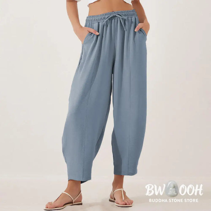 Buddha Stones Casual Plain Loose Drawstring Women’s Polyester 7/8 Length Pants With Pockets - Women’s Pants