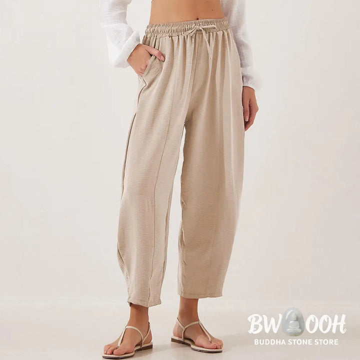 Buddha Stones Casual Plain Loose Drawstring Women’s Polyester 7/8 Length Pants With Pockets - Women’s Pants