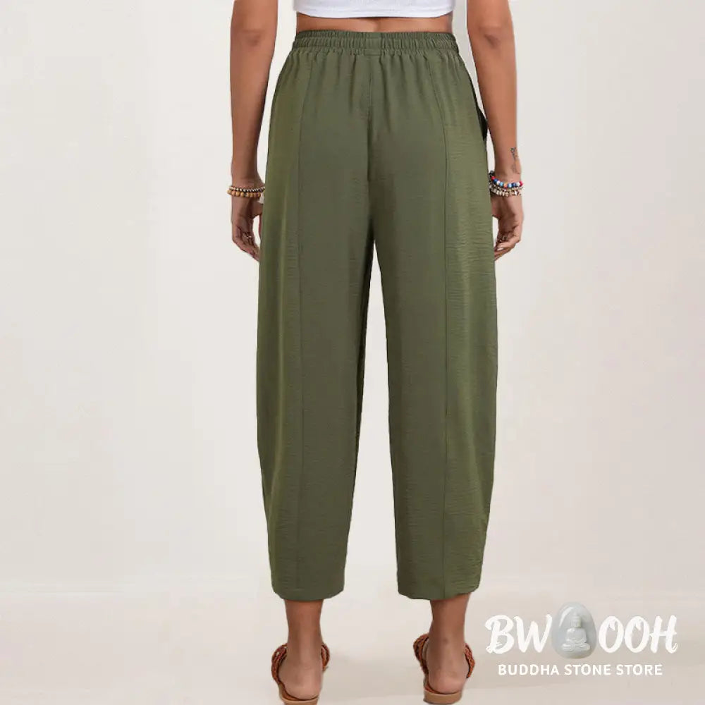 Buddha Stones Casual Plain Loose Drawstring Women’s Polyester 7/8 Length Pants With Pockets - Women’s Pants