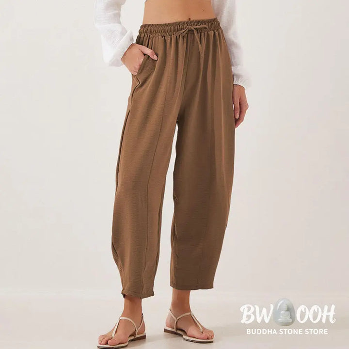 Buddha Stones Casual Plain Loose Drawstring Women’s Polyester 7/8 Length Pants With Pockets - Women’s Pants