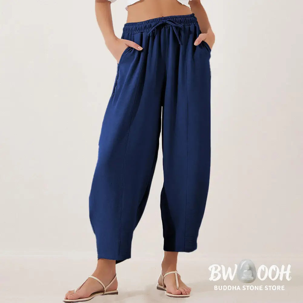 Buddha Stones Casual Plain Loose Drawstring Women’s Polyester 7/8 Length Pants With Pockets - Women’s Pants