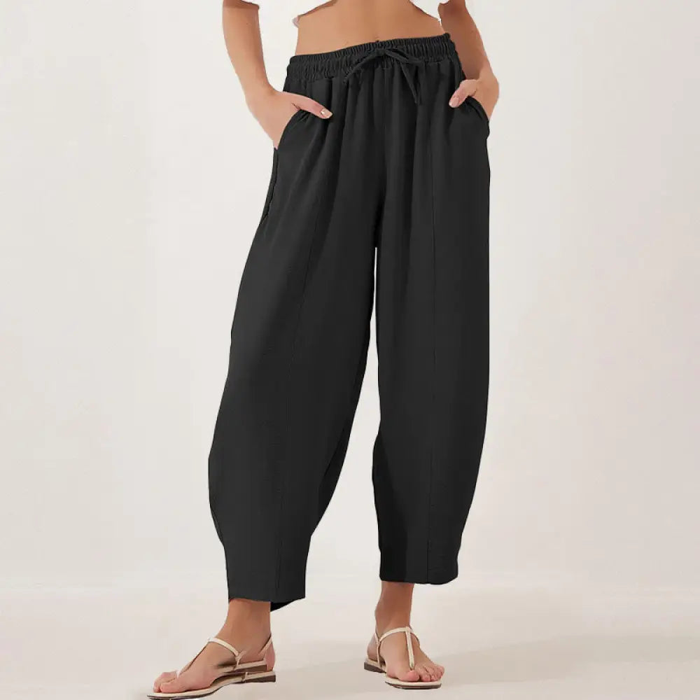 Buddha Stones Casual Plain Loose Drawstring Women’s Polyester 7/8 Length Pants With Pockets - Black / US6，UK/AU10，EU38