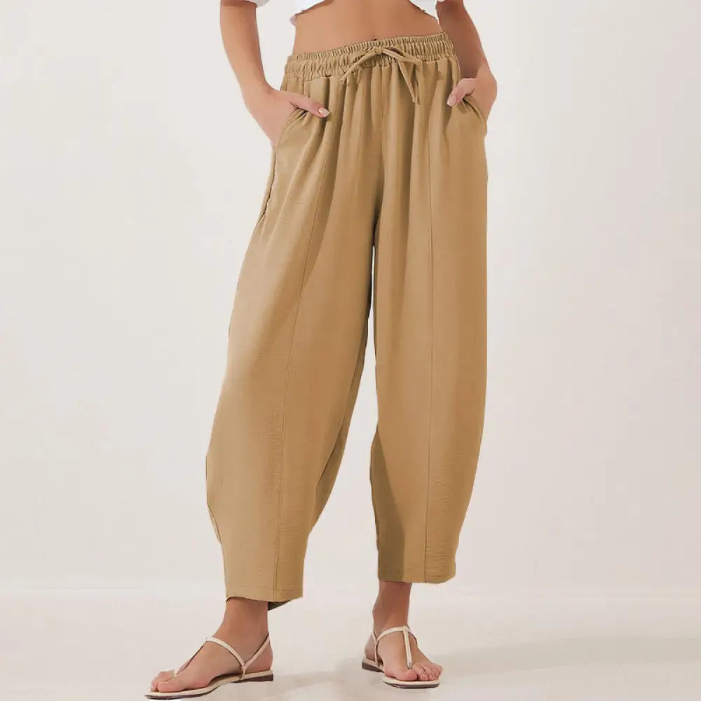 Buddha Stones Casual Plain Loose Drawstring Women’s Polyester 7/8 Length Pants With Pockets - Goldenrod