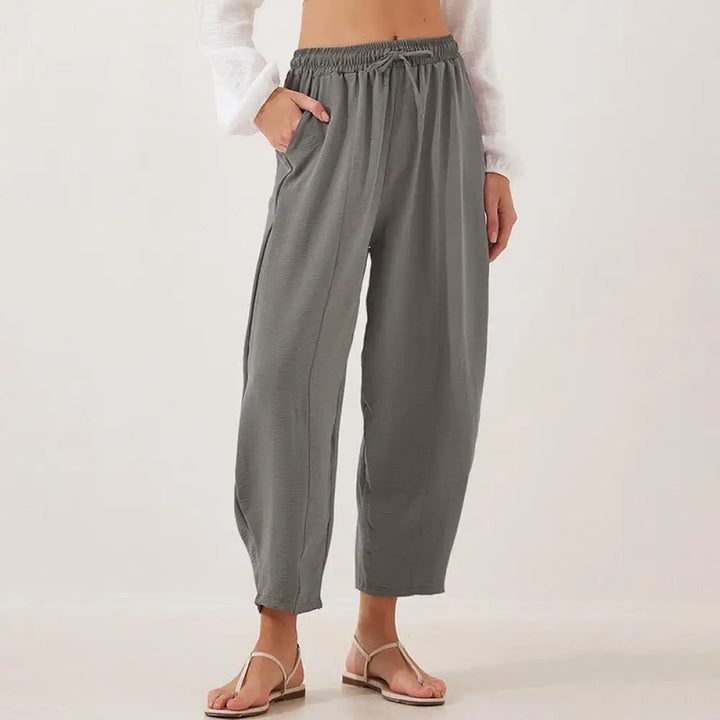 Buddha Stones Casual Plain Loose Drawstring Women’s Polyester 7/8 Length Pants With Pockets - Gray / US6，UK/AU10，EU38