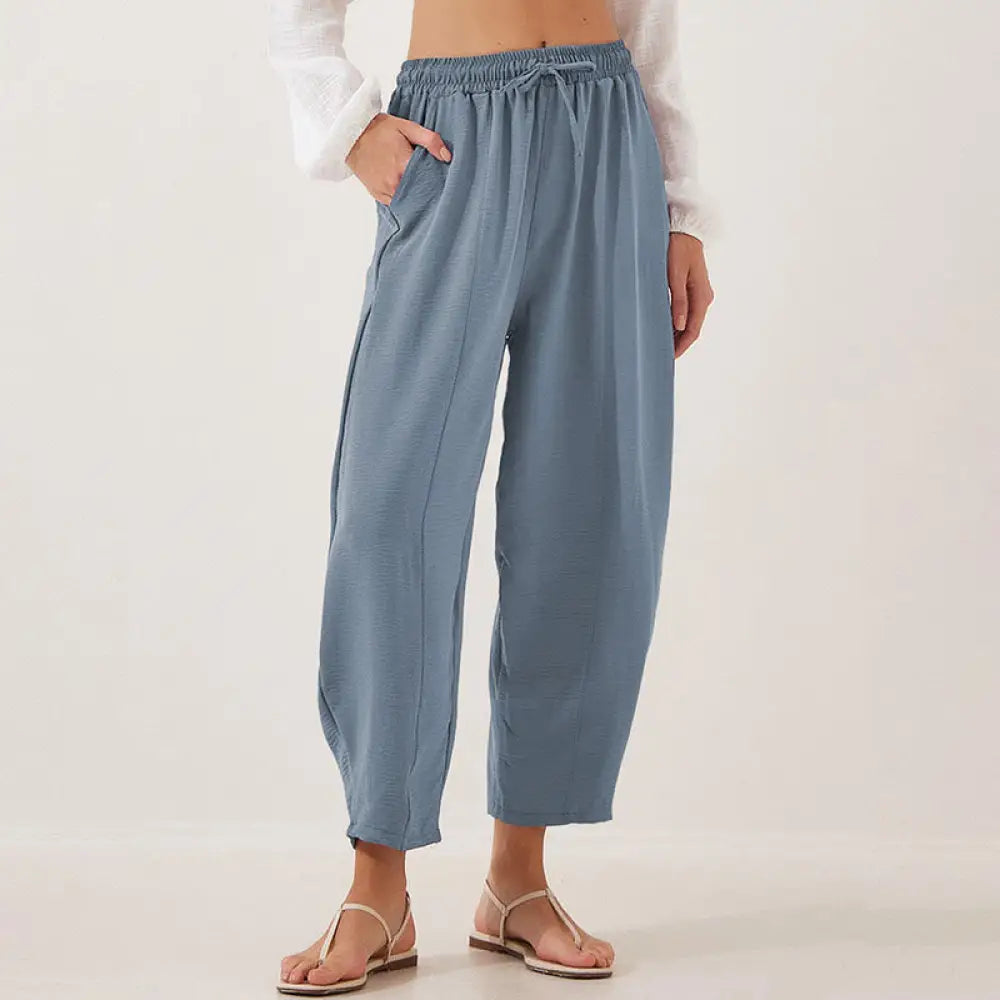 Buddha Stones Casual Plain Loose Drawstring Women’s Polyester 7/8 Length Pants With Pockets - LightSteelBlue
