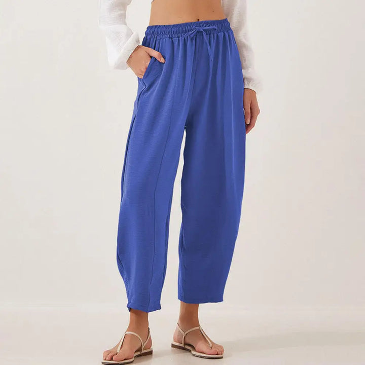 Buddha Stones Casual Plain Loose Drawstring Women’s Polyester 7/8 Length Pants With Pockets - MediumBlue