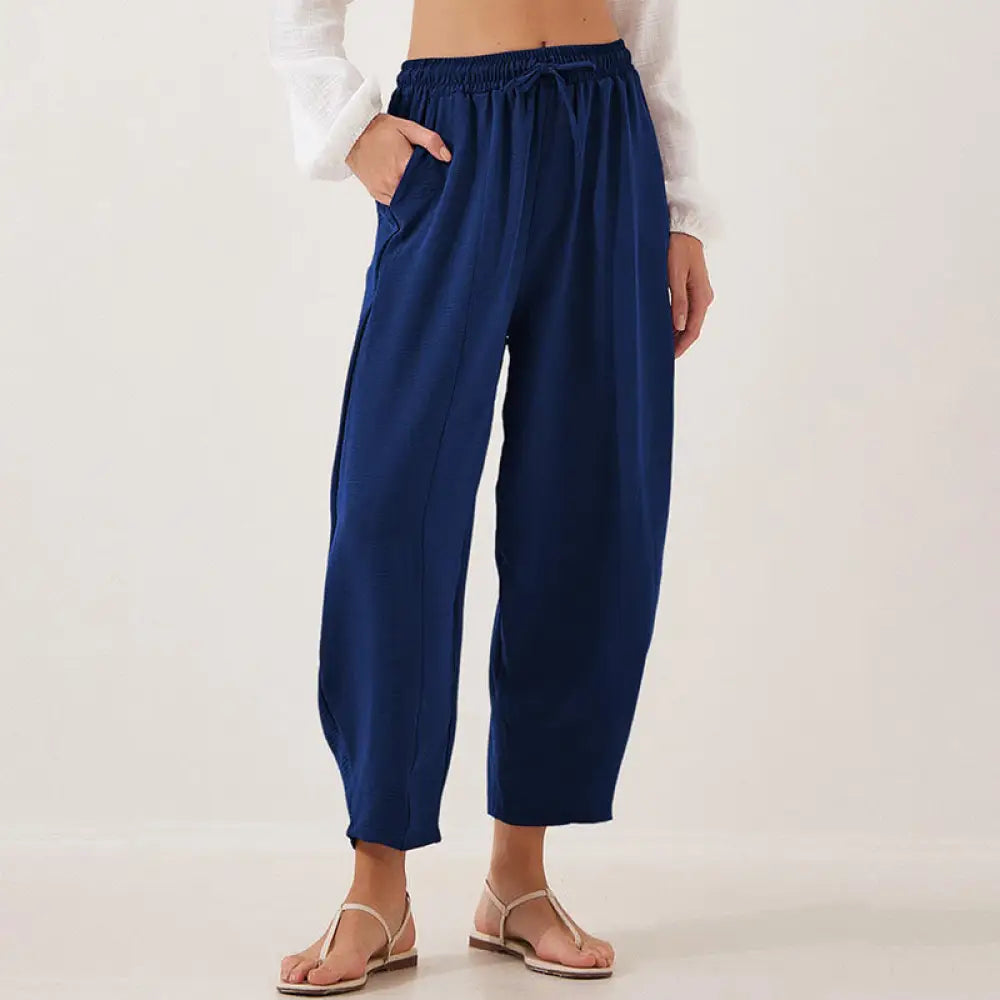 Buddha Stones Casual Plain Loose Drawstring Women’s Polyester 7/8 Length Pants With Pockets - MidnightBlue