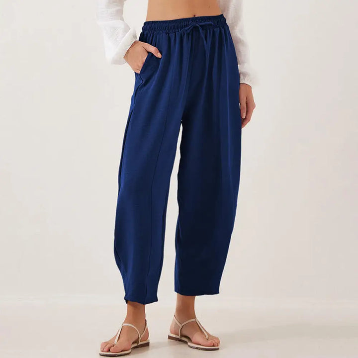 Buddha Stones Casual Plain Loose Drawstring Women’s Polyester 7/8 Length Pants With Pockets - MidnightBlue