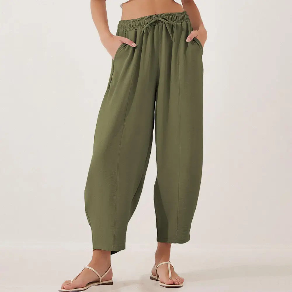 Buddha Stones Casual Plain Loose Drawstring Women’s Polyester 7/8 Length Pants With Pockets - OliveDrab
