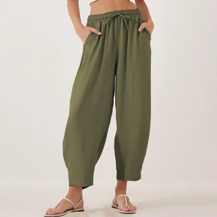 Buddha Stones Casual Plain Loose Drawstring Women’s Polyester 7/8 Length Pants With Pockets - OliveDrab